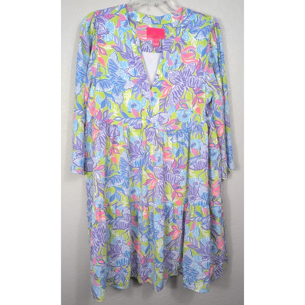 Lilly Pulitzer Floral Tiered Martine Dress Size L 3/4‎ Sleeve Lined Tropical